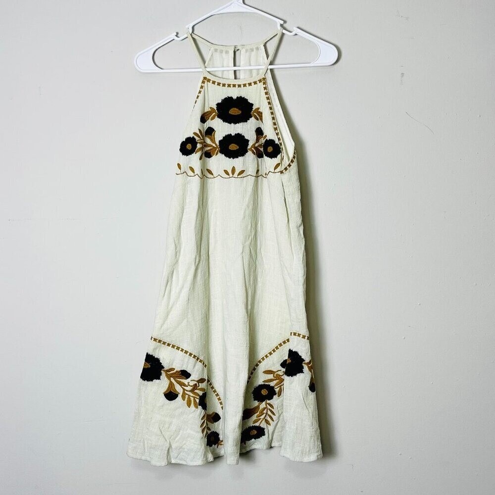 THML Tank Midi Dress Women XS Cream Floral‎ Embroidered Halter Dress Bohemian